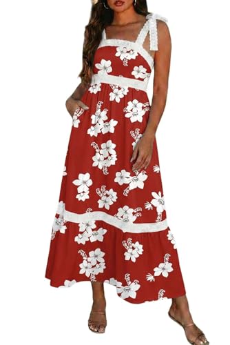 Image of Opemiby Womens Maxi Dress Spring Summer Sleeveless Lace Strap Empire Waist A Line Side Pockets Beach Casual Long Dresses