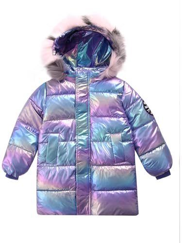 Padded Thermal Jacket for Girls Metallic Hooded Stand Collar Detachable Fur Long Sleeve Casual Winter Outerwear3