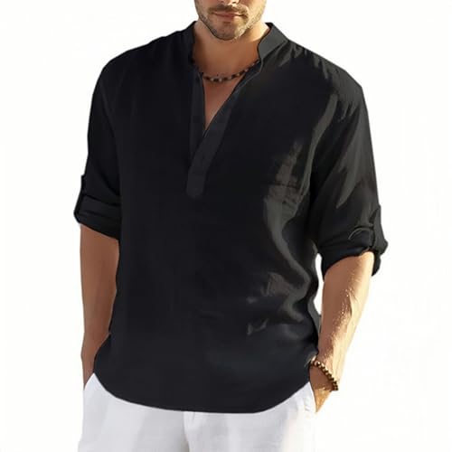 MSIYOW Camisa de Lino Hombre Camiseta Manga Larga Camisa Blanca Casual Top Shirt con Botónes Verano Regular Fit (L, Negro)