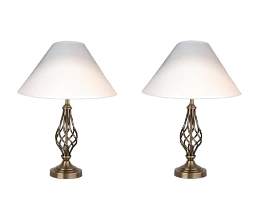 Image of Lighting Supermarket Traditional Bedside Table Lamps / 2 Lamps/Pair/Kingswood Barley Twist Antique Brass Table Lamp with Cream Shade/SES / E14 / Gold Cable