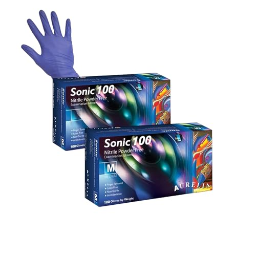 Aasram Aurelia Sonic 100 Nitrile Examination Gloves – Powder Free, Latex Free, Medium Size, Blue, Ambidextrous, Textured Fingertips – 2 x 100 Pack (200 Gloves Total)