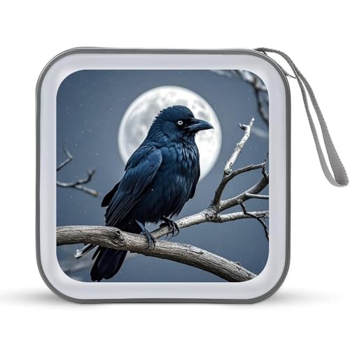 Image of VstaDank Night Crow CD Case 40 Capacity Protective DVD Cases with Zipper Portable CD Collection Bag DVD Boxes Holder with Handle for Movie Blu Ray Audio Disk Music