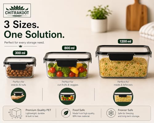 Image of Airtight Food Storage Container Set - 3 Pcs (300ml, 800ml, 1200ml) - Microwave safe, BPA-Free, Leak-Proof, Freezer Safe Plastic Boxes with Lids - Kitchen & Pantry Organizer - Black