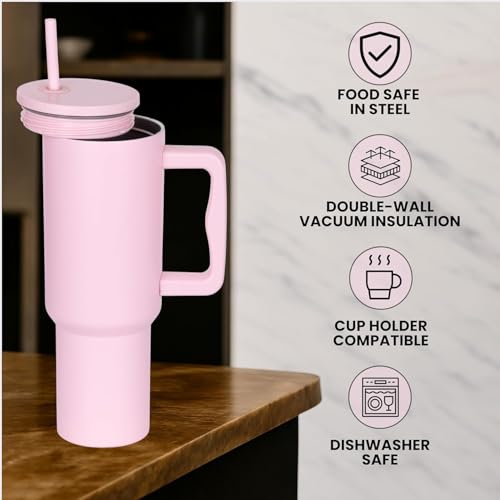 Image of WEZOSHINET 1200ml Stainless Steel Tumbler with Handle & Steel Straw | Double Wall Vacuum Insulated Mug | Spill Proof Lid | Beer & Cold Drink Travel Cup (40 - Oz - Pink)