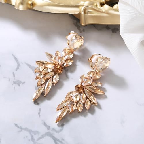 BriLove Clip-on Earrings for Women,Gorgeous Shiny Rhinestones Marquise Cluster Leaf Drop Earring for Wedding Party Prom Jewelry Accessories4