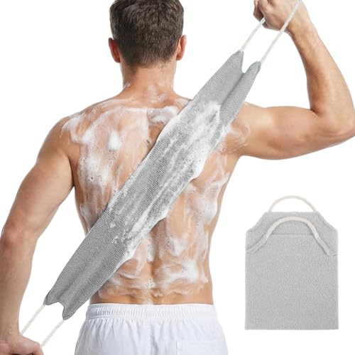 LOPHE Serviette Exfoliante Douche Longue pour le Dos,Gant de Toilette Exfoliant Double Face avec Poignées,Brosse Corps Extensible Nylon Séchage Rapide,Nettoyage en Profondeur Homme Femme,Gris Clair