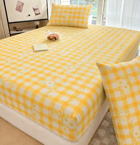 Image of VOMZER King Size (72x78) 300 TC Soft Cotton Feel Microfiber All Around Elastic Fitted Double Bedsheet with 2 Pillow Covers | Yellow Check