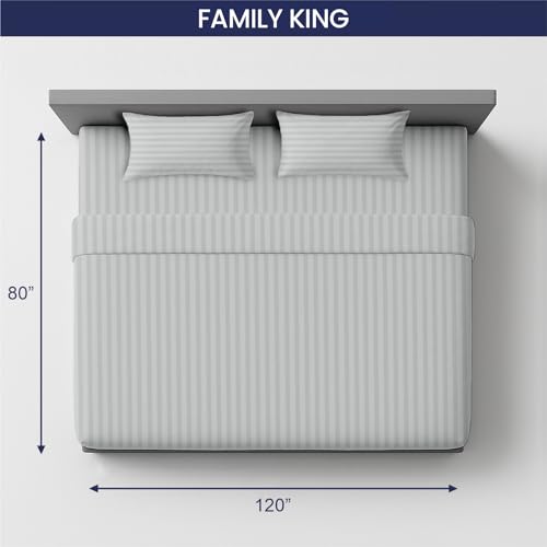 Image of SGI 120 inchx80 inch 4 Pc Family King Sheet Set 600 TC 18 inch Deep, Light Gray Stripe