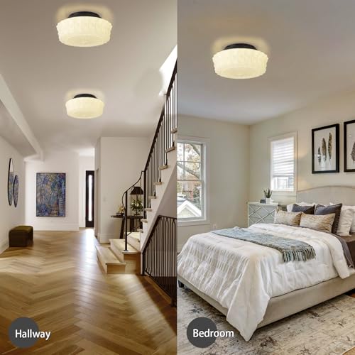 Image of White Milk Glass Ceiling Light Fixture, 13.8'' Flush Mount Lighting for Bedroom, Hallway, Kitchen & Dining Room, Vintage Mid Century Design, 4 LED Bulbs Included, Ideal for Modern Farmhouse