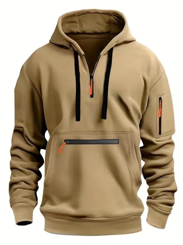 MakingDa Mens 1/4 Zip Pullover Hoodie Long Sleeve Zipped Pocket Drawstring Fleece Tracksuit Tops Cuff Overhead Hooded Shirts Regular Fit Casual Classic Work Hoody Sweatshirts Khaki M