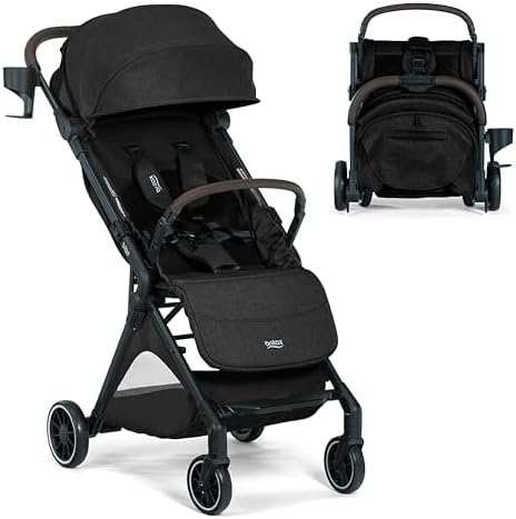 Britax Juniper+ Compact Stroller, Portable & Lightweight On-The-Go Stroller with Fastpack & One-Hand RapidFold, Infant Car Seat Compatible, Built-in Carry Strap, Ventilating Fabrics — Raven Black