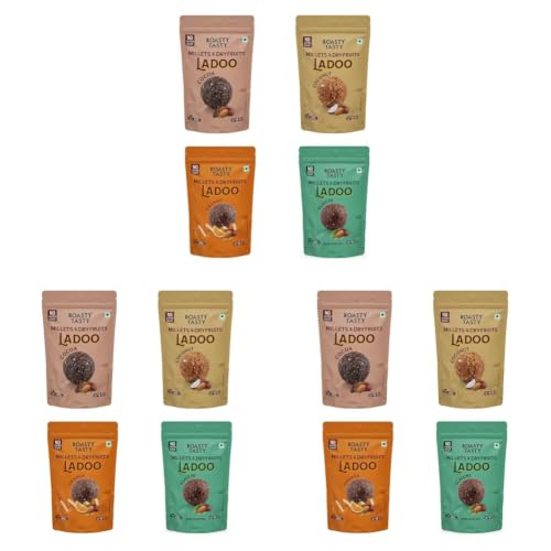 Image of Roasty Tasty Sugar Free Assorted Pack of Millet & Dryfruit Ladoo - 4 Flavours - 120g each - Orange, Cocoa, Coconut, Elaichi - 480g (Pack of 3)