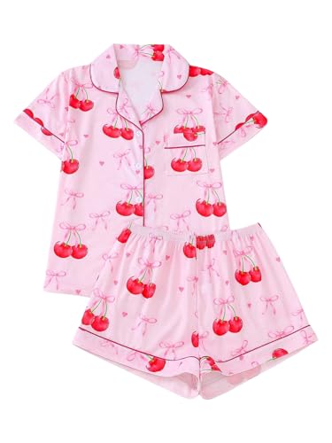 WDIRARA Women's 2 Piece Bow Cherry Print Pajama Set Short Sleeve Button Down Shorts Sleepwear Pjs