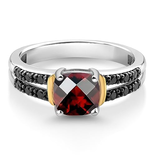 Gem Stone King 925 Silver and 10K Yellow Gold Red Garnet and Black Diamond Engagement Ring For Women (1.10 Cttw, Gemstone January Birthstone, Cushion Checkerboard 6MM, Available in Size 5,6,7,8,9)2