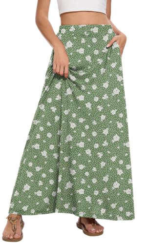 Image of Womens Maxi Skirt Long Flowy Summer A-Line High Waist Skirts | Elastic Waistband with Pockets, Lightweight Fabric, Casual Wear, Swing beach boho Outfits, Fashion Clothes