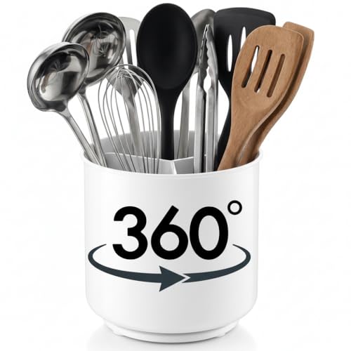 Extra Large and Sturdy White Rotating Utensil Holder with No-Tip Weighted Base, Removable Divider, and Gripped Insert | Rust Proof and Dishwasher Safe Kitchen Utensils Holder and Cutlery Holder
