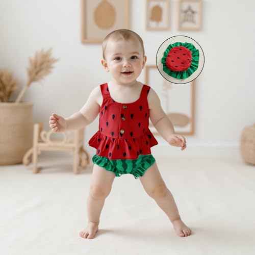 Emmababy Baby Girl Watermelon Outfit with Hat Smocked Ruffle Tank Top Shorts Set Infant Fruit Outfit Toddler Summer Clothes3