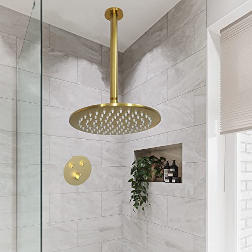 Aquaiaw Shower Arm And O-Ring Flange, 12 Inch, Solid Brass, Round, Both Soldered 1/2 Npt Tapered Threads, Straight Shower Arm Extension, Ceiling Shower Head Arm For Rain Shower (Brushed Gold) #TOP1