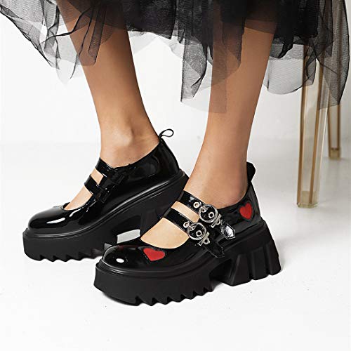 Image of Women's Platform Mary Janes Heart Cat Buckle Rivets Ankle Lolita Gothic Princess Platform Pumps Patent Leather Thorn Vintage Traditional Embroidery Upper Dress Shoes