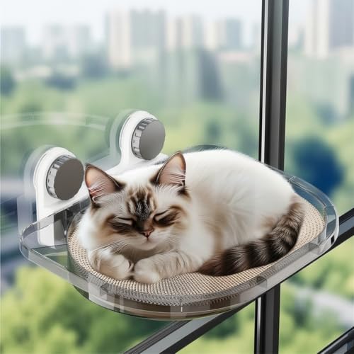 JWQFBC Katzenhängematte Fensterliege für Katzen bis 20kg- mit Kratzbrett & starken Saugnäpfen, Transparent Grau, Katzenhängematte mit Kratzbrett-2