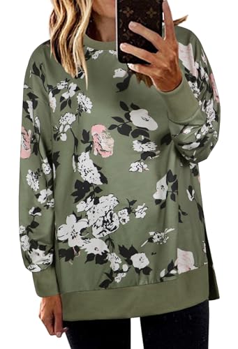 ECOWISH Women Side Split Sweatshirt: Fall Crewneck Long Sleeve Oversized Camo Shirts Casual Camouflage Print Pullover Tops 017 Green Flower S