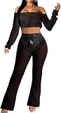Picture of sexycherry Sexy Two Piece Bikini Sets for Women Swimwear Black Off The Shoulder Top Long Straight Pants Cover Ups for Vacation Beach(Medium)