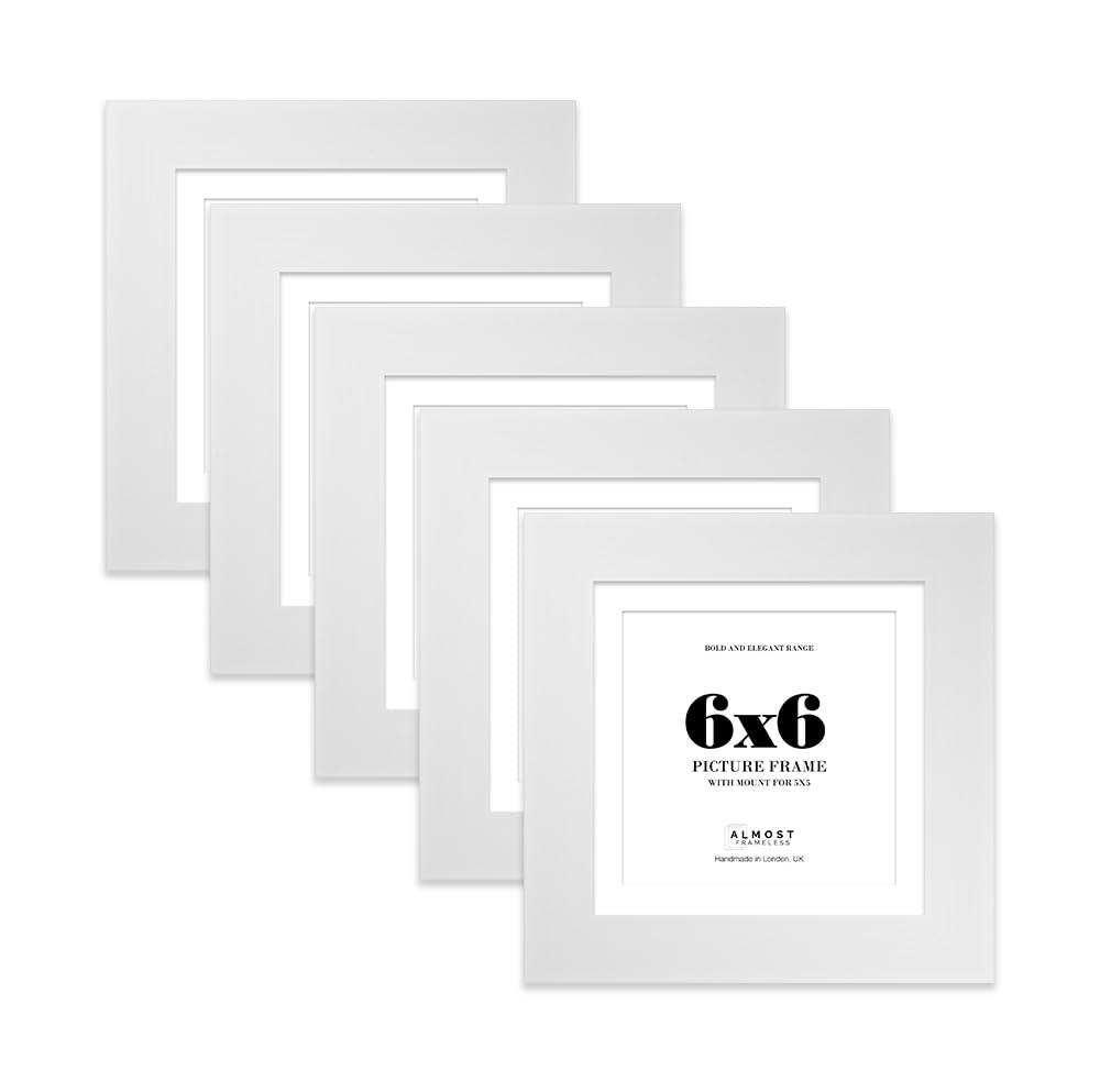 6x6" White Square Frame With Mount for 5x5" Pictures 28mm Edge Frame Display with Wall Hooks and Kickstand, 5 Pack
