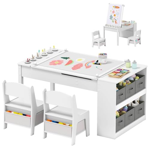HONEY JOY 3Pcs Kids Art Table & Chair Set, 2-in-1 Easel Desk w/ 2 Chairs, Flip-up Tabletop, Paper Roll Holder, 8 Folding Fabric Bins, 6 Paint Cups, Toddler Art Station for Crafting, Writing (White)