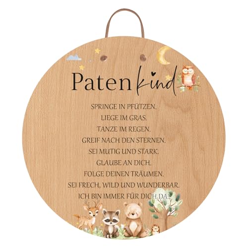 Patenkind Holzschild Rund 22 x 22cm Taufe Geschenk Erinnerung mit Spruch Wanddeko für Kinderzimmer Geschenkidee für Paten patenkind Geschenke Kommunion Konfirmation Geschenk Mädchen