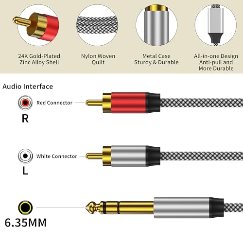 PPTVC Kabel RCA na 1/4, 3 m, 1/4 TRS na RCA kabel rozdzielający Y, 1/4 na Dual RCA kabel audio