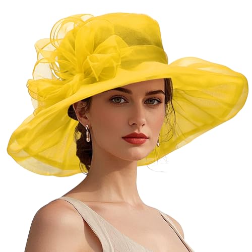 Zando Ken-tucky Derby Hats for Women 2026 Elegant Tea Party Organza Victorian Church Wedding Hat Yellow Fascinators Hats One Size
