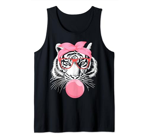 Funny Tiger Blowing Pink Bubble Gum Design Camiseta sin Mangas