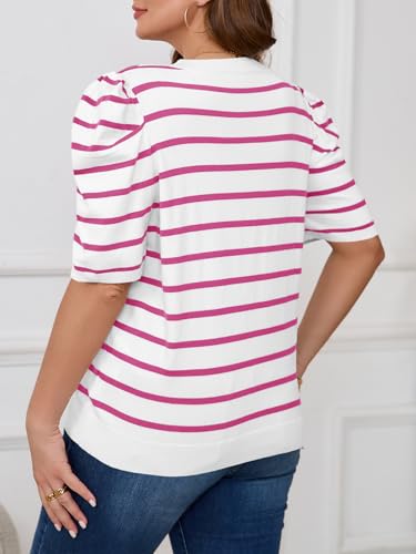 Image of Beautife Womens Plus Size Short Puff Sleeve Sweater Tops Lightweight Striped T Shirts Summer Casual Crew Neck Knit Pullover Pink