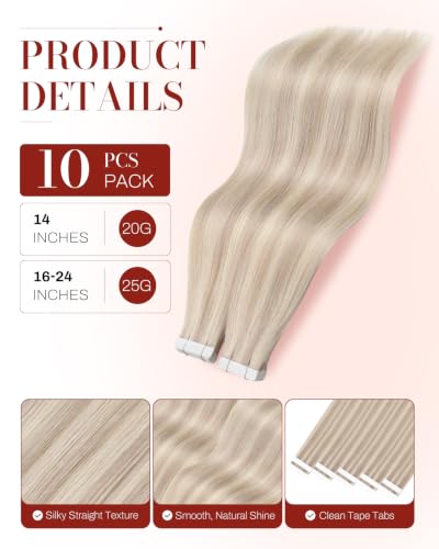 Image of Moresoo Invisible Tape in Extensions Human Hair Ash Blonde 24in 10Pcs 25g | Hair extensions tape in, extra-long partial set, ash blonde and platinum strands, flat tabs for photo shoots and events