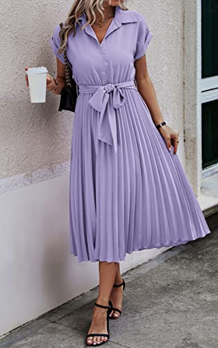 Image of ECOWISH Womens Casual Midi Dresses Solid V Neck Short Sleeve Button Shirt Belted Dress with Pockets for Spring Summer 2026