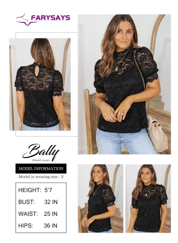 Farysays Women's Casual Summer Puff Short Sleeve Lace Crochet Tops Mock Neck Elegant Cute Blouses Shirts Black Medium #TOP4