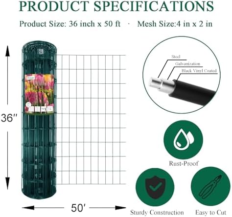 Green PVC Coated Welded Wire Fence 36 Inch x 50 Foot, 2 Inch x 4 Inch 14GA, Garden Border Fencing Roll Vinyl Coating Metal Wire Mesh Hardware Cloth for Yard Vegetable Plant Protection