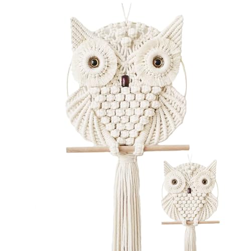 Achart Owl Macrame Wall Hanging-Hand Woven Boho Tapestry-Macrame Wall Decor -Owl Decor for Bedroom, Living Room, Nursery (Beige-L&S)