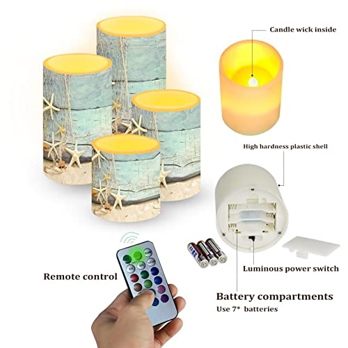 Image of Flickering Flameless Candles 4 Pieces Set, LED Pillar Candles with Timer Battery Operated Tea Lights for Coastal Decor, Beach Starfish with Blue Wood Grain