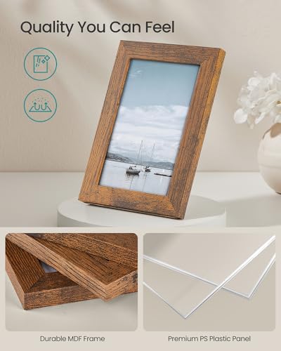 SONGMICS Set of 10 Picture Frames, Two 20 x 25 cm (8 x 10 Inches), Four 13 x 18 cm (5 x 7 Inches), Four 10 x 15 cm (4 x 6 Inches), Plastic Front, MDF, Rustic Brown RPF310X01