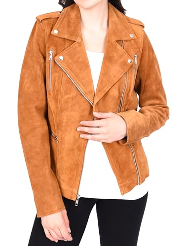 Veste de motard en daim Selena femme en marron clair fermeture éclair taille 40 regular - 6