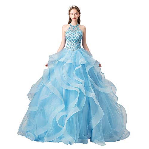 Leyidress Quinceanera Dress Blue Prom Dresses Halter Ball Gown Party Dress for Women 8