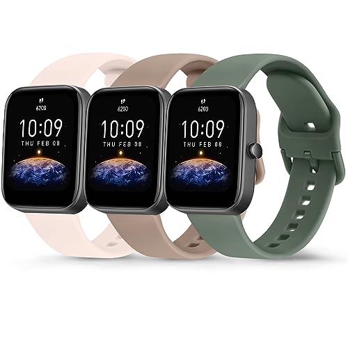 AK Pack 3 Straps for Amazfit Bip 3 Pro/Bip 3/Bip U Pro/Bip/Bip Lite/Bip S/Bip S lite/Bip U Women Men,20mm Soft Silicone Sport Replacement (Cactus/Nude Pink/MilkTea)