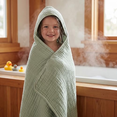 Image of Peryiter 4 Pcs Muslin Hooded Baby Towels, 32 inchx 32 inch Cotton Newborn Bath Towel Muslin Infant Baby Blankets Absorbent Unisex Newborn Registry Gift Essentials for Girls Boys (Green,Gray,Beige)