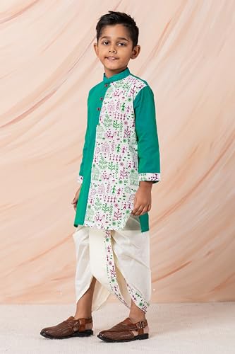 Image of Kids Ethnic Wear - Stylish Half Printed & Vibrant Color Pure Cotton Kurta with Elastic Waist Dhoti Set for Boys