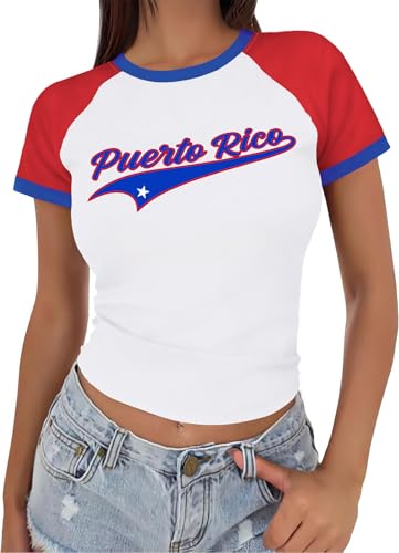 NQIQO Women Puerto Rico Jersey Puerto Rican Cropped Tshirt Summer Going Out Tops White XL