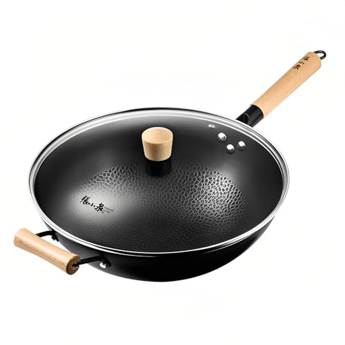 ZHANG XIAO QUAN SINCE 1628 Carbon Steel Wok with Glass Lid - Hammered for Natural Non-Stick, Anti-Rust Nitride Cookware, Round Bottom Chinese Wok Pan for Gas Stoves & Stir Fry (34cm / 13.5")