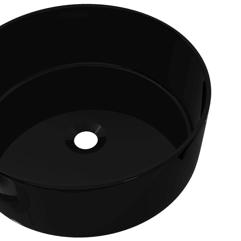Lavabo de cerámica redondo negro, 40 x 15 cm, lavabo con orificio para grifo, ahorra espacio, fácil de limpiar, para baño, baño de invitados, sanitario y renovación