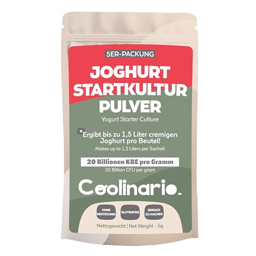 Coolinario Joghurtkulturen (5er-Pack, 1g Beutel) Lebende Kulturen für Hausgemachten Joghurt | Cremig, Dick & Lecker | Natur- oder Griechischer Joghurt | Ohne Gentechnik, Glutenfrei, Halal, Koscher