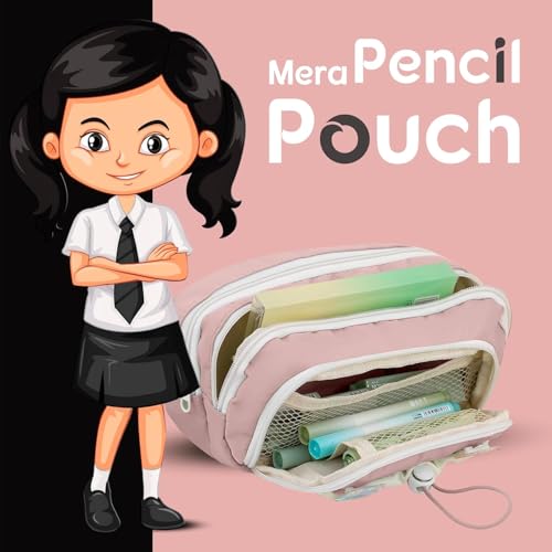 Image of Mrsdry Pencil Pouch for Girls - Multiple Compartment Zipper Pouch with Drawstring Pocket, Aesthetic Kawaii Pencil Case, Cute Pouches, Return Gift for Kids (Pink)